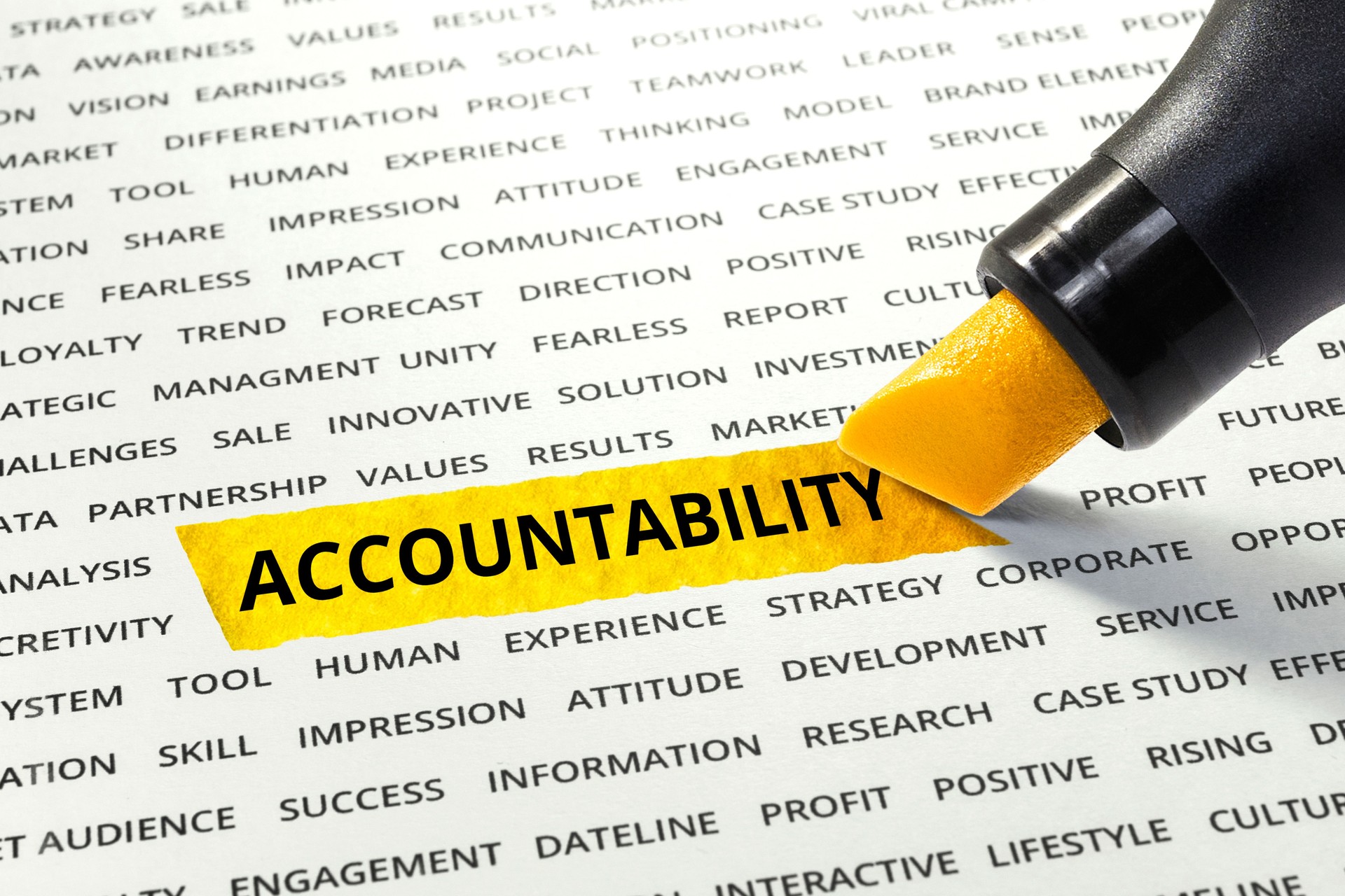 Word Accountability highlighted with marker on paper