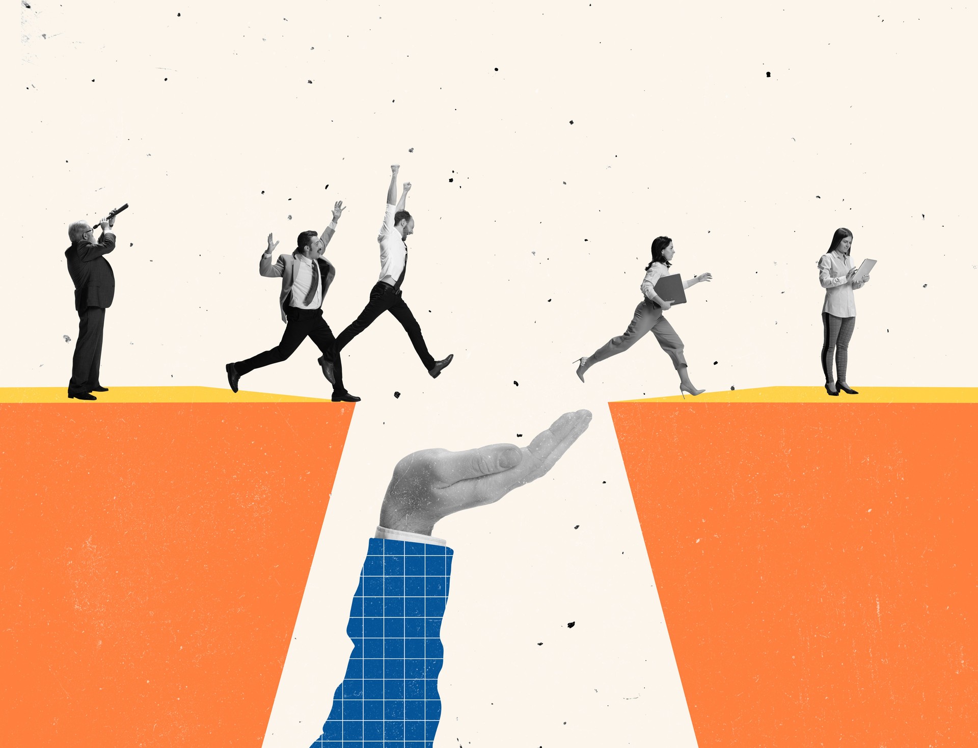 Creative modern design. Contemporary art collage climbing jumping over cliff symbolizing success