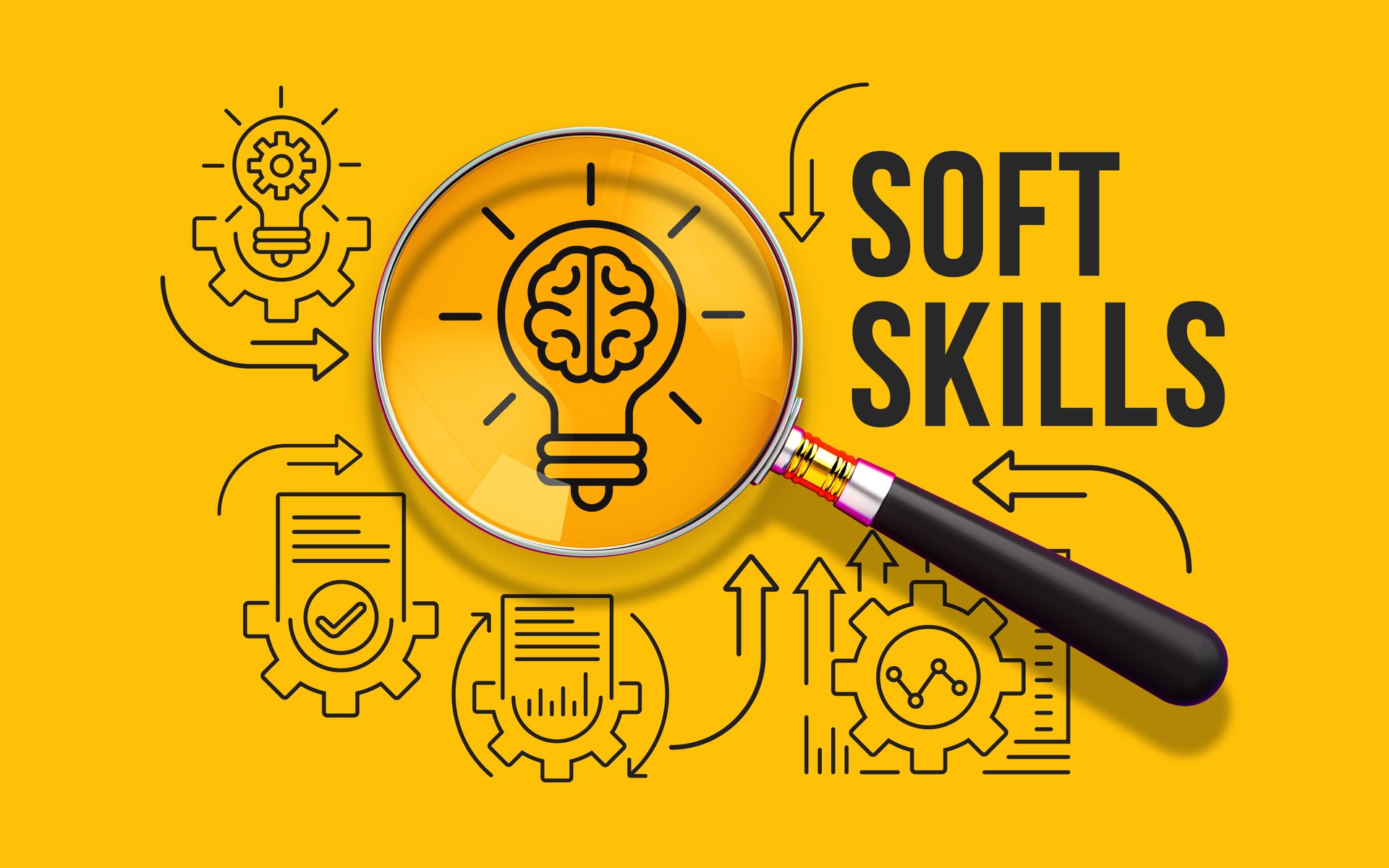 Soft Skills Concept with Magnifying Glass and Icons on Yellow Background, 2D Illustration